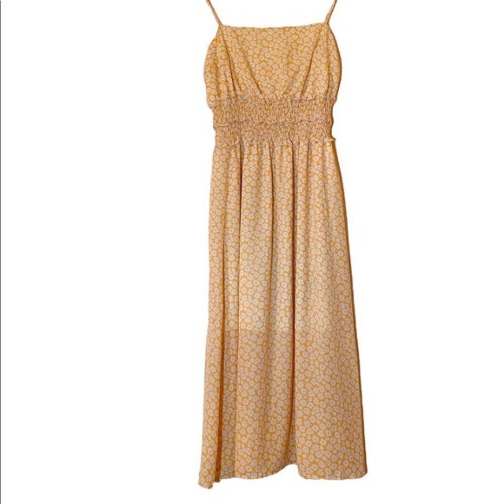 ROW A Yellow and White Floral Adjustable Straps Smocked-Waist Dress - Large